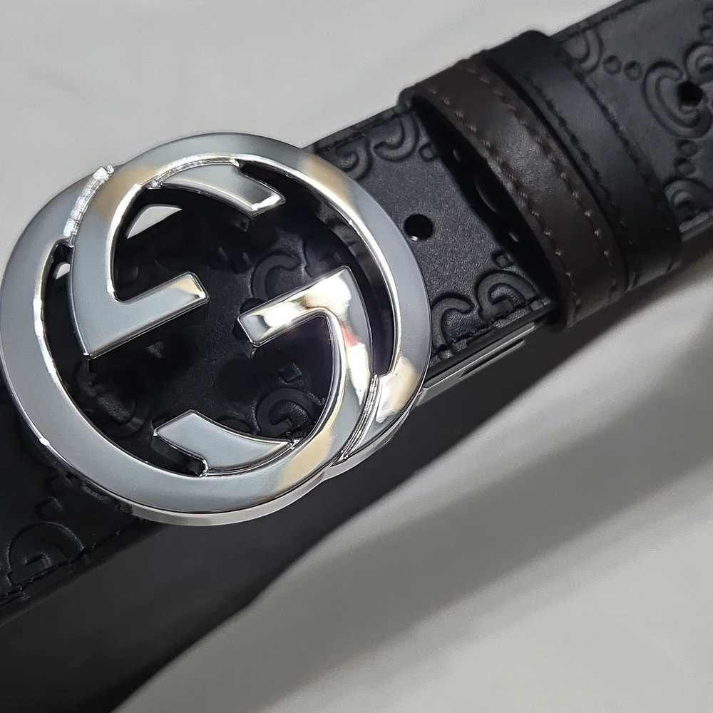 Gucci Reversible Black Brown Leather Belt with Silver Double G Buckle 34/36